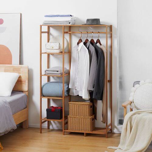Bamboo Clothes Rail Garment Rack with 6 Tier Storage Shelf & Hanging Rod