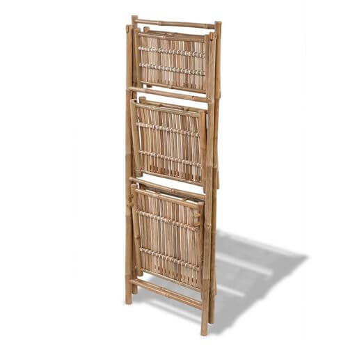 3-Tier Folding Eco-Friendly Bamboo Plant Rack for outdoor garden storage, stylish triangular design for displaying items.