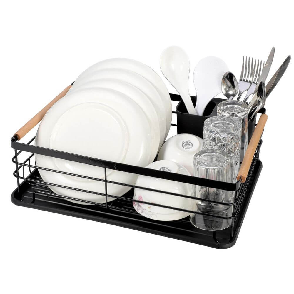 Deluxe Minimalist Dish Drainer Drying Rack with Wooden Handles