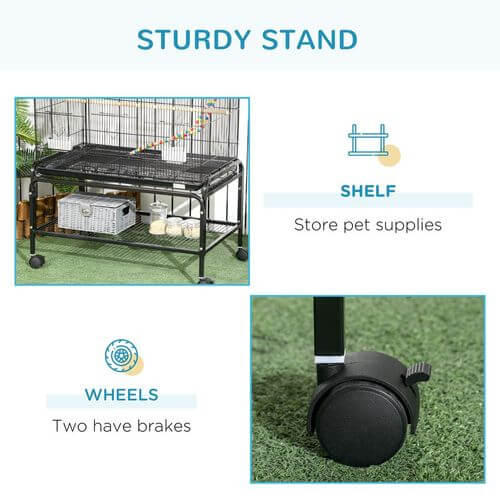 Bird Cage, with Stand, Wheels, Toys, for Budgies, Finches, Parakeets.