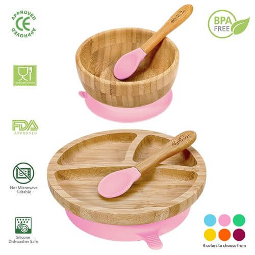 Vinsani bamboo bowl and plate set with silicone suction base, BPA-free, child-safe, easy clean, available in six colors.