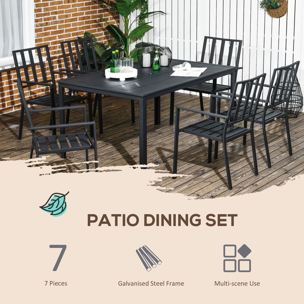 Outsunny 7 PCs Garden Dining Set w/ Stackable Chairs and Metal Top Table, Black