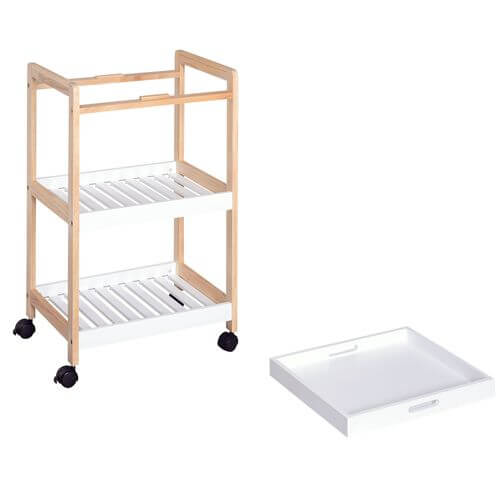 Bamboo kitchen trolley with three MDF shelves and removable tray for versatile kitchen storage on wheels.