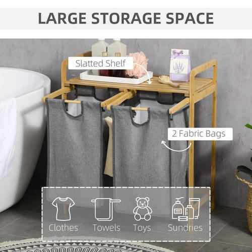 Bamboo Laundry Basket with Shelf Pull-out Bags for Bedroom Laundry Room