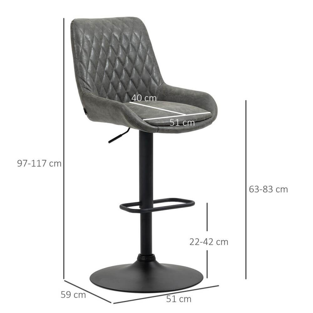 Bar Stools Set of 2, Adjustable Bar Chairs 360° Swivel Grey
