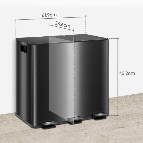 HOMCOM 3 x 15L Triple Kitchen Bin Pedal Bin for Recycling and Waste, Black