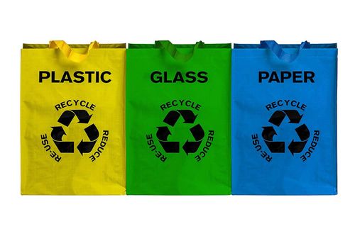 Vinsani Set Of 3 Recycling Bags in green, yellow, and blue for glass, plastic, and paper recycling.