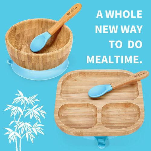 Vinsani natural bamboo kids and toddlers bowl and plate set with non-slip base and spoon for easy mealtime cleanup.