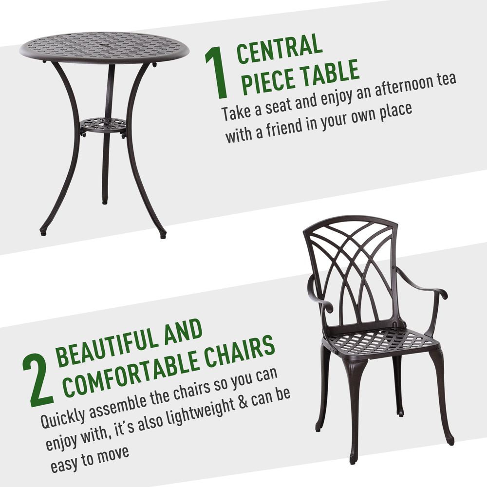Cast Aluminium 2-Seater Outdoor Garden Table & Chair Set Brown