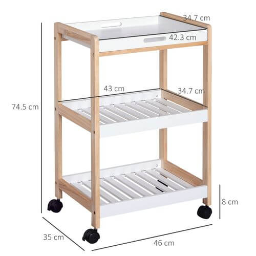 Bamboo kitchen trolley with MDF shelves, 74.5 cm tall, 3 shelves, smooth rolling wheels for easy mobility.