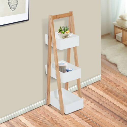 Bathroom A-Shape Rack in eco-friendly bamboo with 3 tiers for storage of toiletries and decor.
