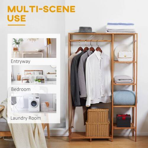 Bamboo Clothes Rail Garment Rack with 6 Tier Storage Shelf & Hanging Rod