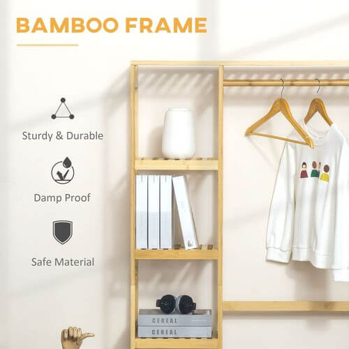 Bamboo Coat Rack With Hooks, Hanging Rail & Storage