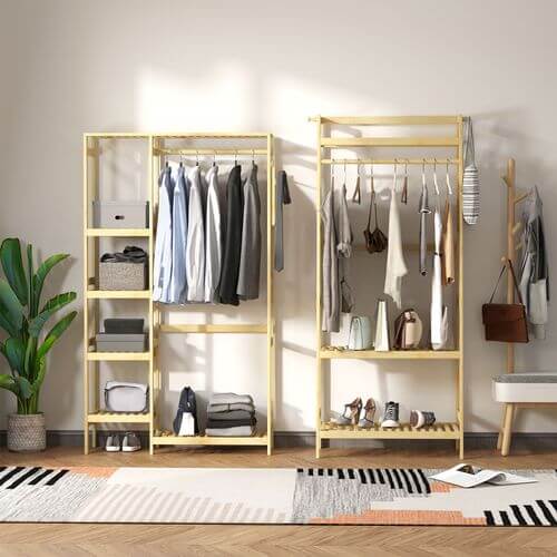 Eco-friendly sustainable bamboo coat rack with hooks, hanging rail, and storage for clothes and accessories.