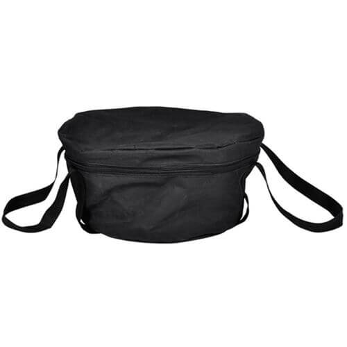 Black carry case for Dutch oven, ideal for outdoor cooking and camping, featuring straps for easy transport.