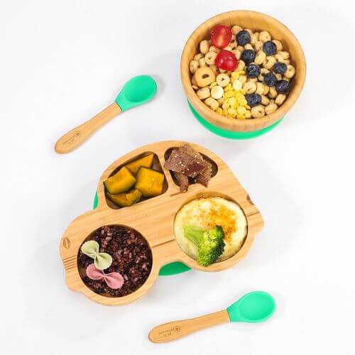Vinsani natural bamboo car plate with four sections, bowl, and two spoons for kids, featuring non-slip base and easy clean design.