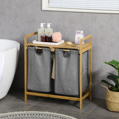 Bamboo Laundry Basket with Shelf Pull-out Bags for Bedroom Laundry Room