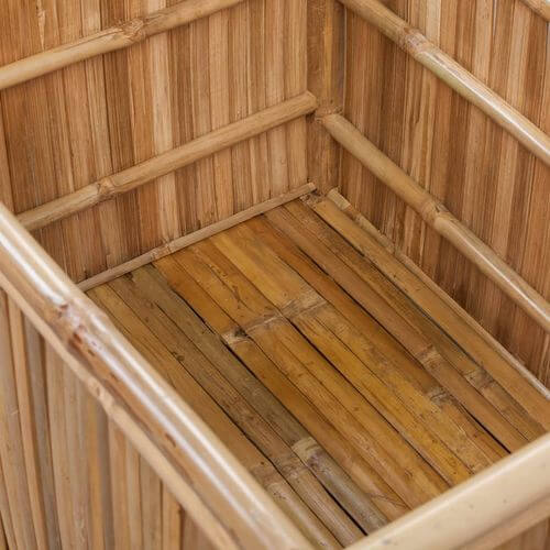 Interior view of eco-friendly bamboo storage box showcasing natural bamboo texture and rustic design.