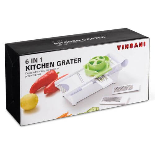 Vinsani 6 In 1 Grater Green & White packaging showcasing versatility for slicing and grating food.