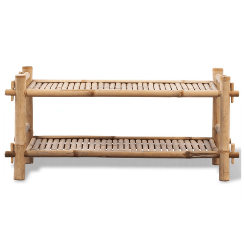 2-tier eco-friendly bamboo shoe rack for stylish and compact storage of footwear.