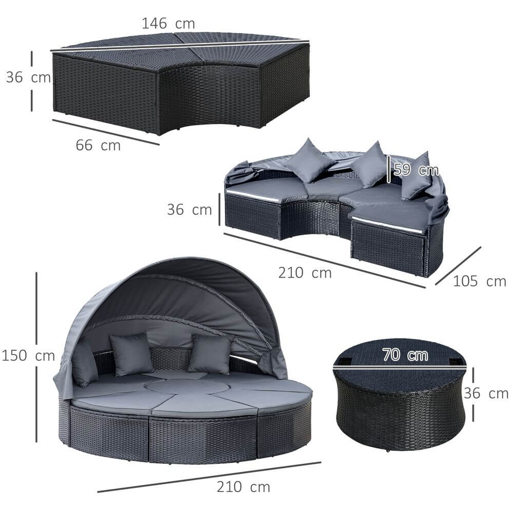 Outdoor Garden Daybed Set w/ Cushioned Round Sofa Bed