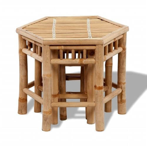 Hexagon bamboo table with rustic design for outdoor seating and garden furniture.