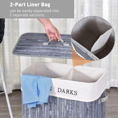 Bamboo Laundry Hamper Removable Lining Large Double Compartments
