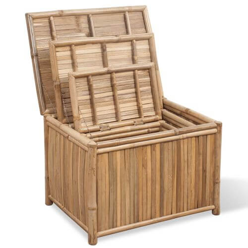 Eco-friendly bamboo storage box set opened, showcasing three stackable boxes for versatile organization.