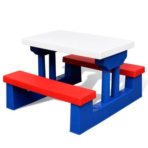 Kids' multicolour picnic table with red benches and blue base, perfect for outdoor seating and play.