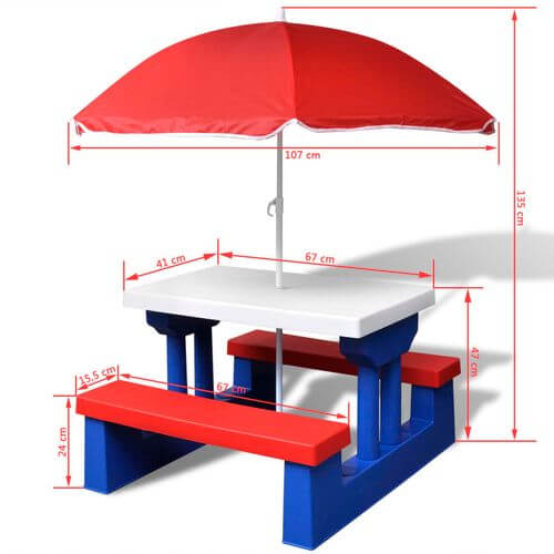Kids' multicolour picnic table with red parasol and two benches, perfect for outdoor seating.
