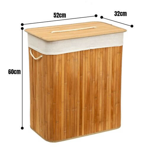Rectangular eco-friendly bamboo laundry basket with divider, featuring rope handles and dimensions of 52cm x 32cm x 60cm.