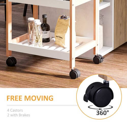 Kitchen trolley with four smooth rolling castors, two with brakes for easy mobility and stability, ideal for kitchen storage.