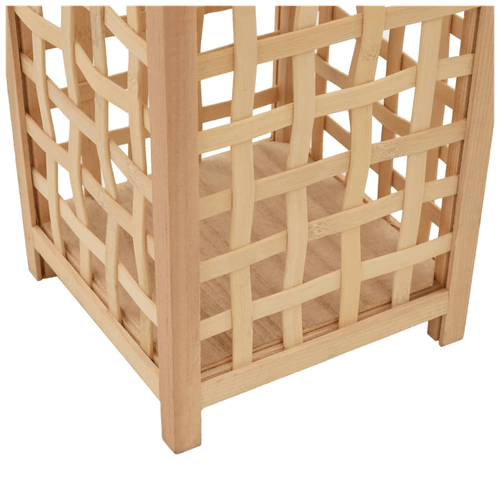 Detail of a bamboo hanging candle lantern holder with a woven design, showcasing its eco-friendly craftsmanship.