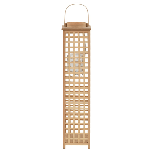 Natural bamboo hanging lantern holder with glass candle holder, eco-friendly design for outdoor decoration.