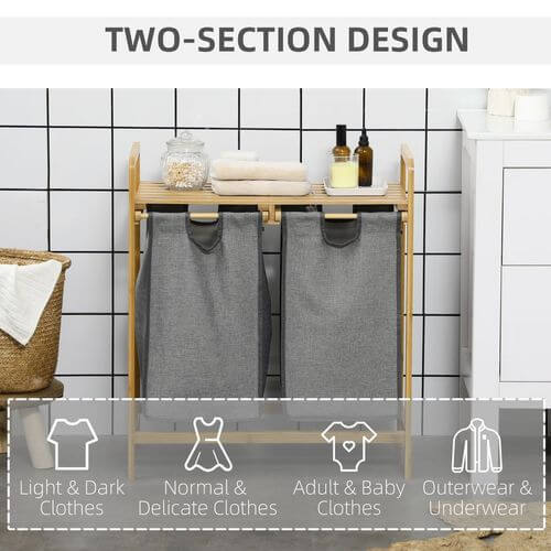 Bamboo Laundry Basket with Shelf Pull-out Bags for Bedroom Laundry Room