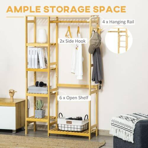 Bamboo Coat Rack With Hooks, Hanging Rail & Storage