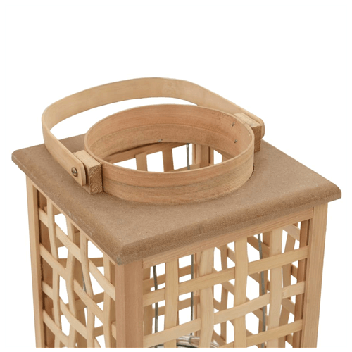 Close-up of a natural bamboo hanging lantern holder showcasing its wooden handle and woven design.