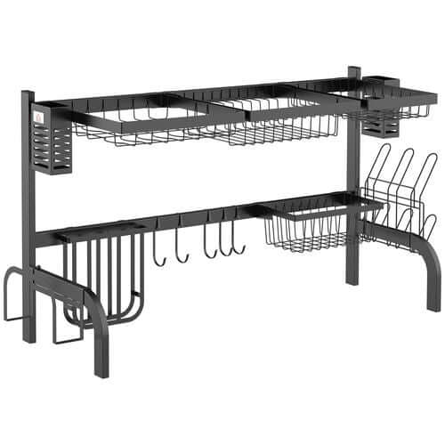 HOMCOM Over The Sink Dish Drainer Rack, 2 Tier Dish Rack for Kitchen, Black