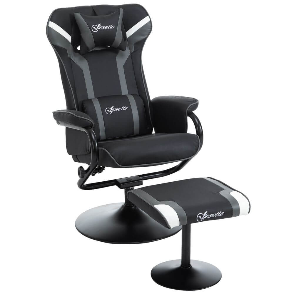 Video Game Chair & Footrest Set Racing Style w/ Pedestal Base, Deep Grey