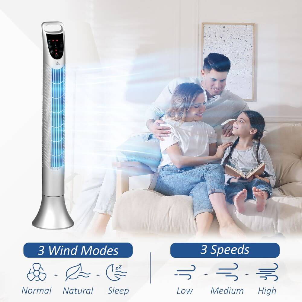 Silver Tower Fan with 3 Speed 3 Mode, Timer, Oscillation, Remote