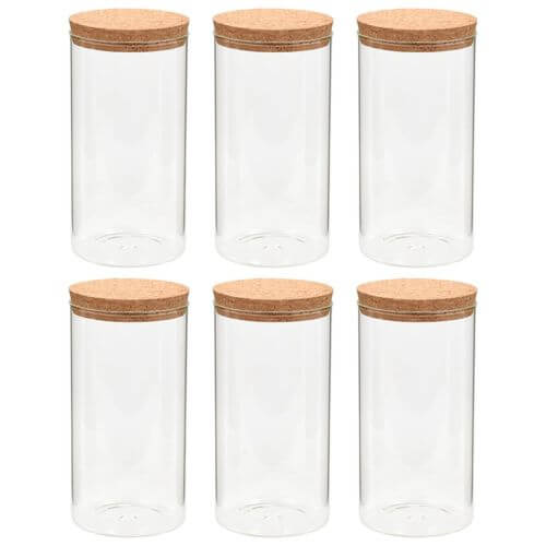 Set of 6 glass storage jars with cork lids, perfect for kitchen organization and storing dry foods.