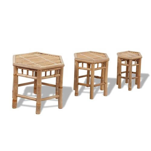 Set of 3 natural bamboo stools for outdoor seating, eco-friendly garden furniture with simple design.