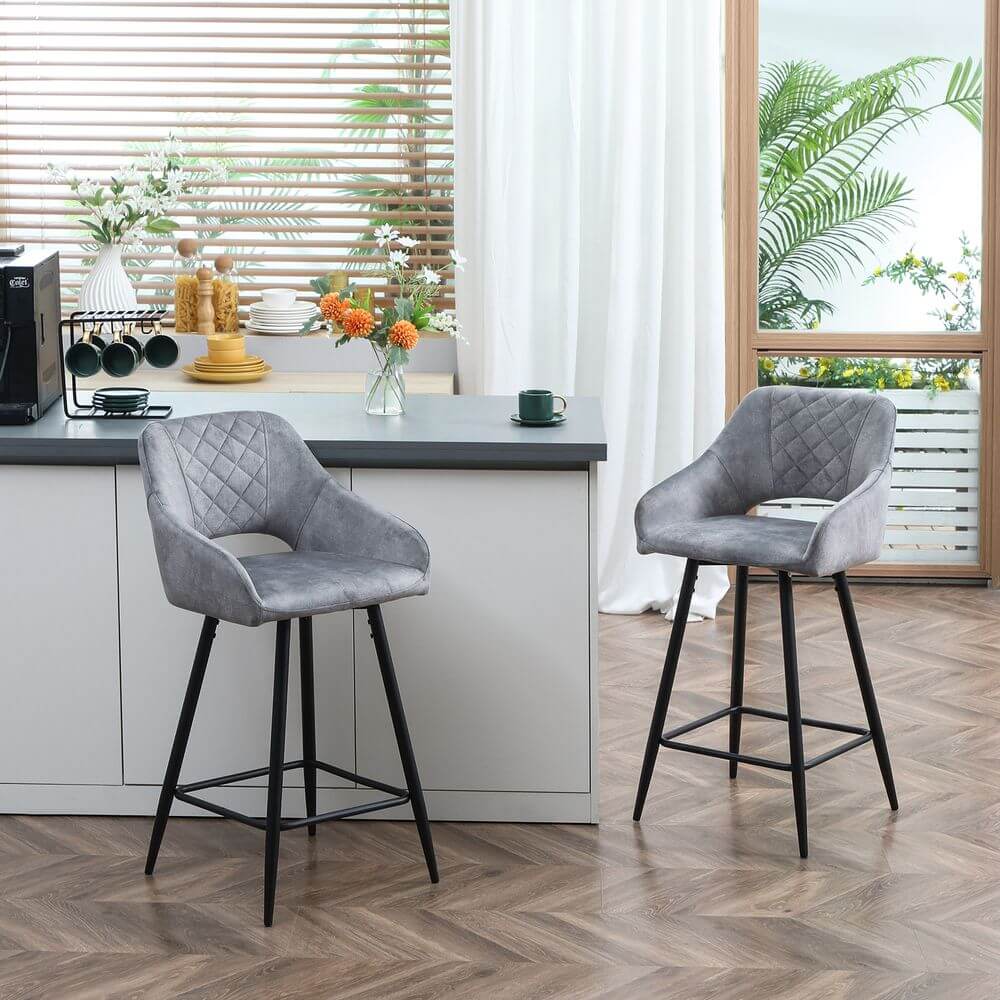Bar Stools Set of 2, Velvet-Touch Fabric Counter Height Bar Chairs Grey