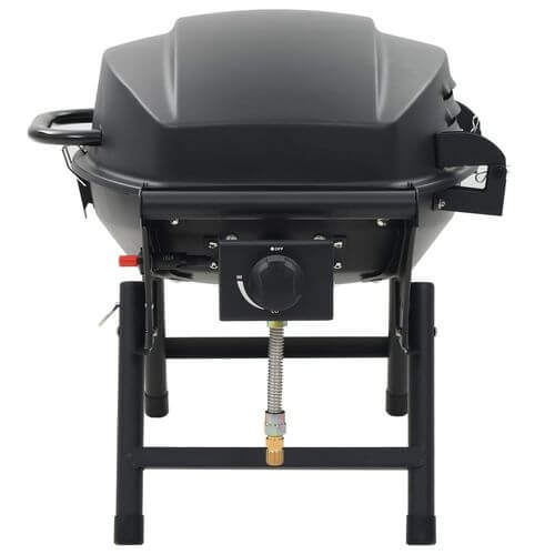 Black portable gas BBQ grill with cooking zone for outdoor entertaining back view.