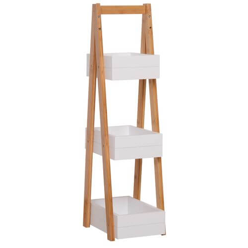 3-Tier Eco-Friendly Bamboo Bathroom A-Shape Rack with white storage bins for toiletries and towels.