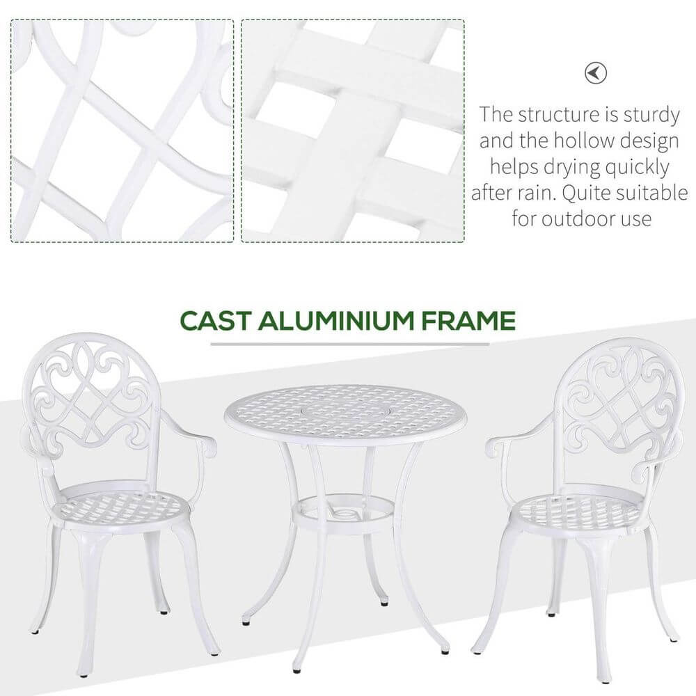 Outsunny 3PCs Garden Bistro Set Cast Aluminium Round Table with 2 Chairs White