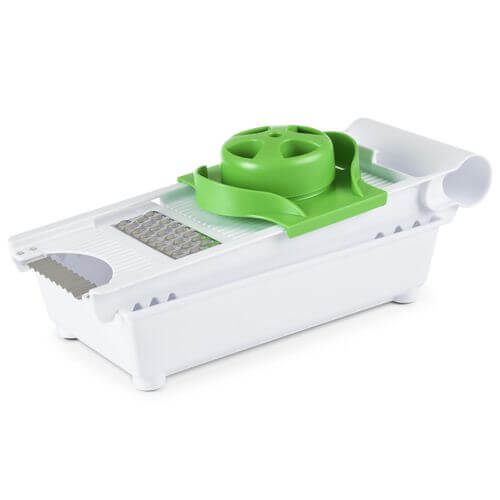 Vinsani 6 In 1 Grater Green & White with interchangeable blades and food holder for safe food preparation.