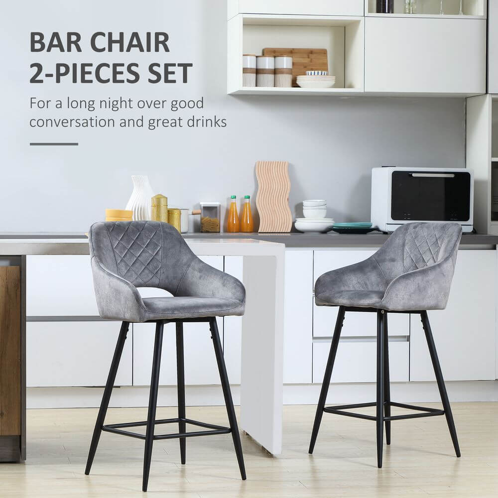 Bar Stools Set of 2, Velvet-Touch Fabric Counter Height Bar Chairs Grey
