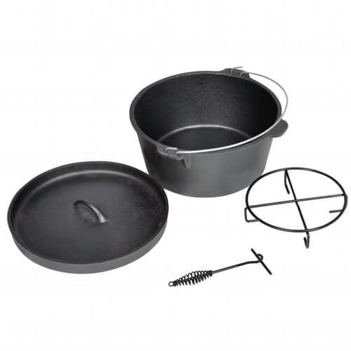 Dutch oven casserole pot with lid, lid lifter, and trivet for outdoor cooking and camping.