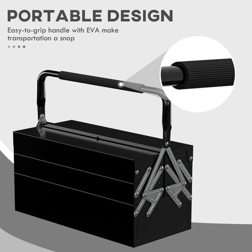 3 Tier Metal Toolbox with 5 Tray Carry Handle Black